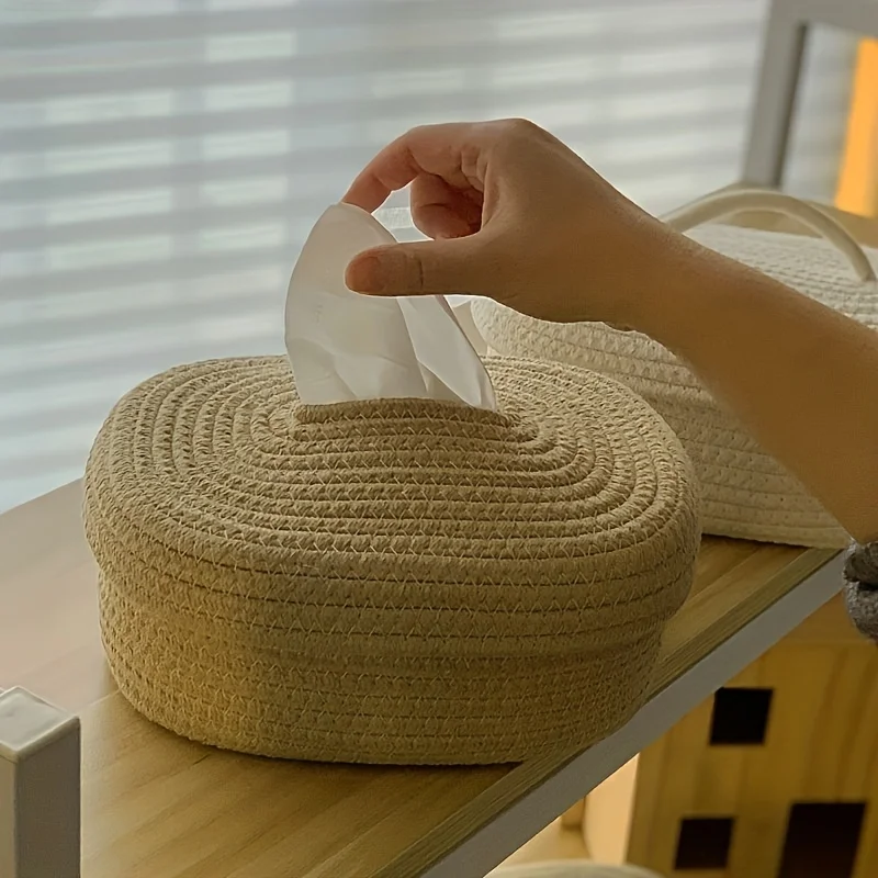 1pc Cotton Rope Tissue Box, Oval Storage Box With Lid, Wipes Paper Storage Case, Mask Storage Basket Suitable For Bedroom Living 2