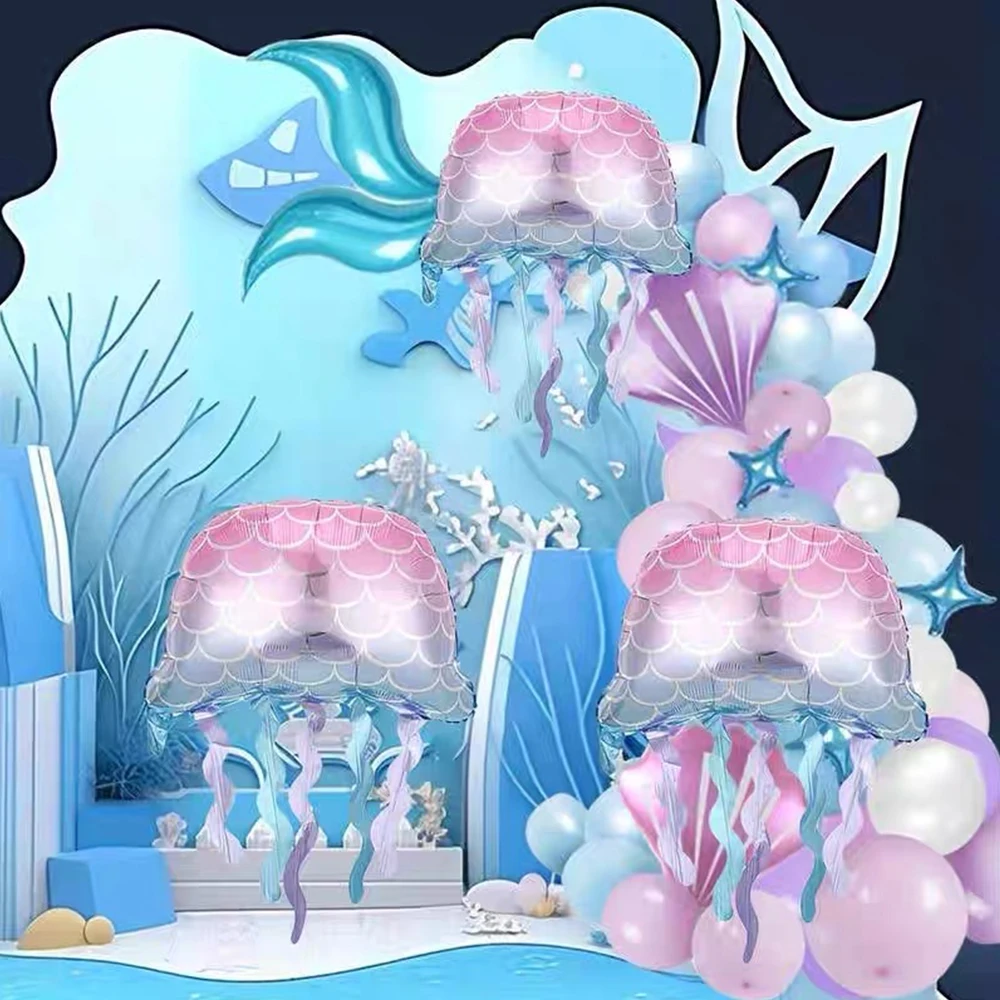 Großer Meerjungfrauenschwanz, stehender Ballon, Folie, Qualle, kleine Meerjungfrau, Geburtstagsdekorationen unter dem Meer, Party-Babyparty-Zubehör – Detail 7