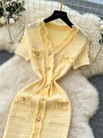 SINGREINY Workwear Elastic Knitted Dress Women Short Sleeves Single Breasted Design 2025 Summer Korean Vintage Split LongDress - Image 3