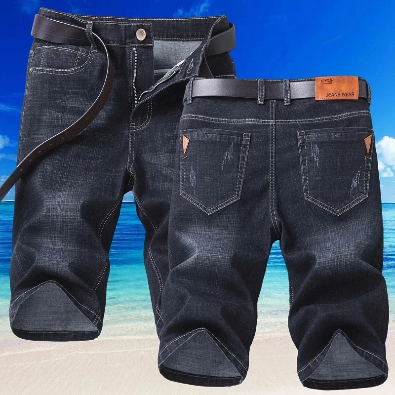 Men'S Blue Black Trendy Denim Shorts Summer New Business Casual Stretch Straight Cowboy Shorts  Male Brand Slim Pants