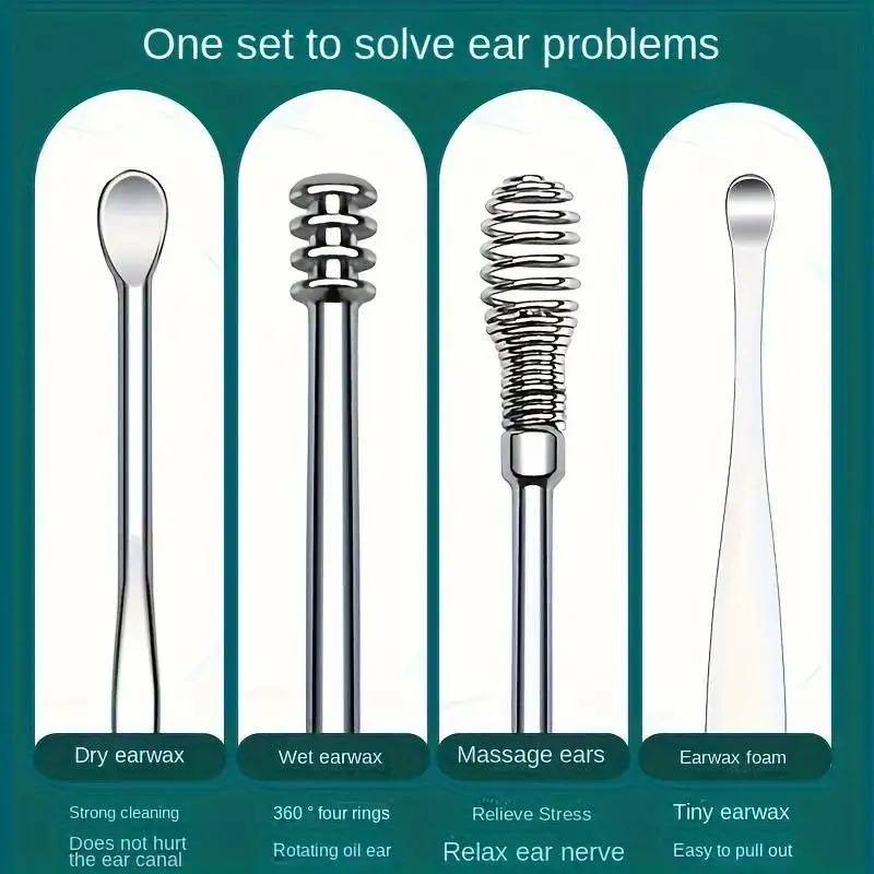 6pcs Stainless Steel Ear Wax Removal Tool Set Spiral Rotating EarPicking Spoon Ear Picker Spoon For Cleaning Collecting Ear Wax 5