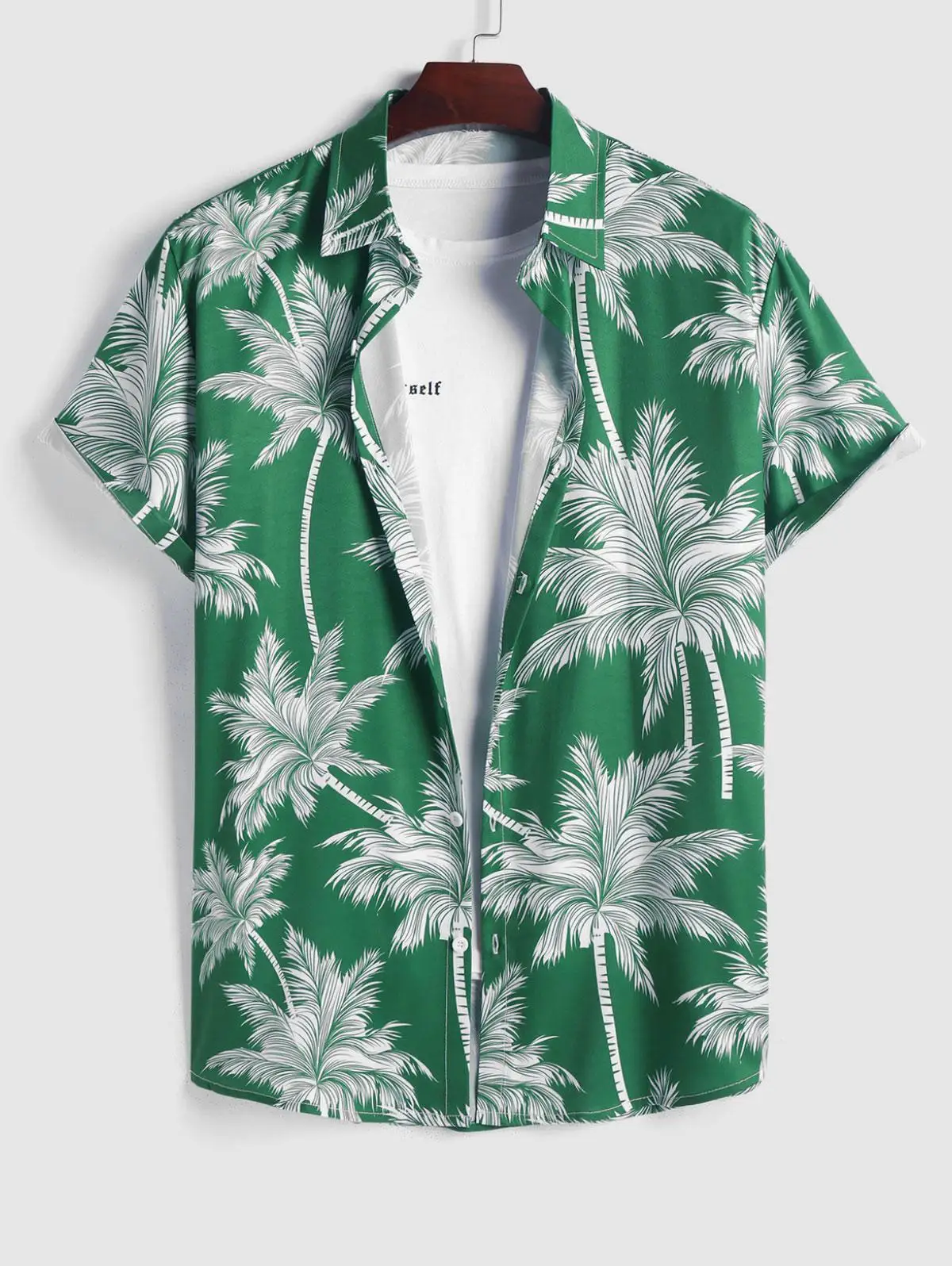 thumbnail image 1 of Camisa de manga corta con botones y solapa para hombre con estampado de cocoteros tropicales, estilo hawaiano, para vacaciones de verano en el resort, tops extragrandes, 1 of 5