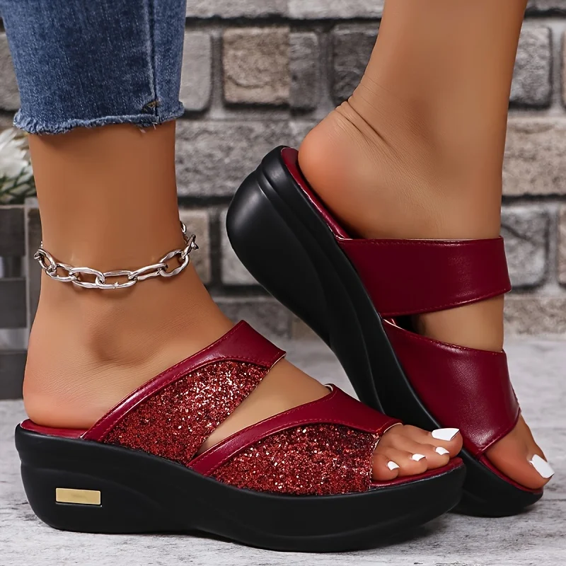 Summer Gold Open Toe Glitter Wedges Female Casual Slides Slingbacks Comfortable Platform Sandals For Woman women wedge sandals