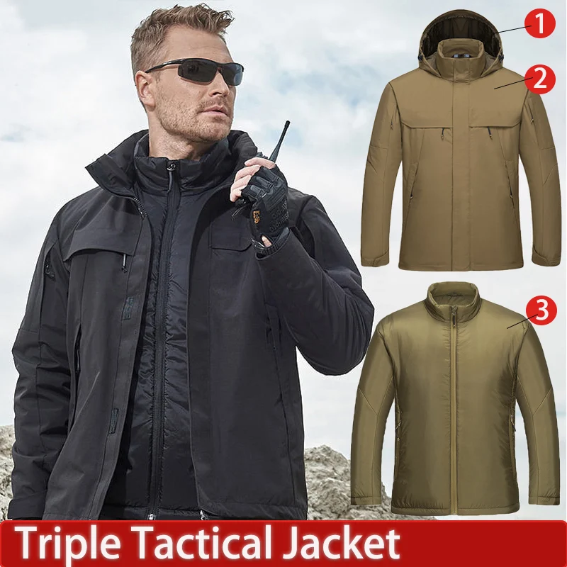 

Outdoor Trench Coat Windproof Tactical Jacket Hat Inner Bile Disassembly Autumn Winter Thick Cotton Men Hiking Warm Coat Newest