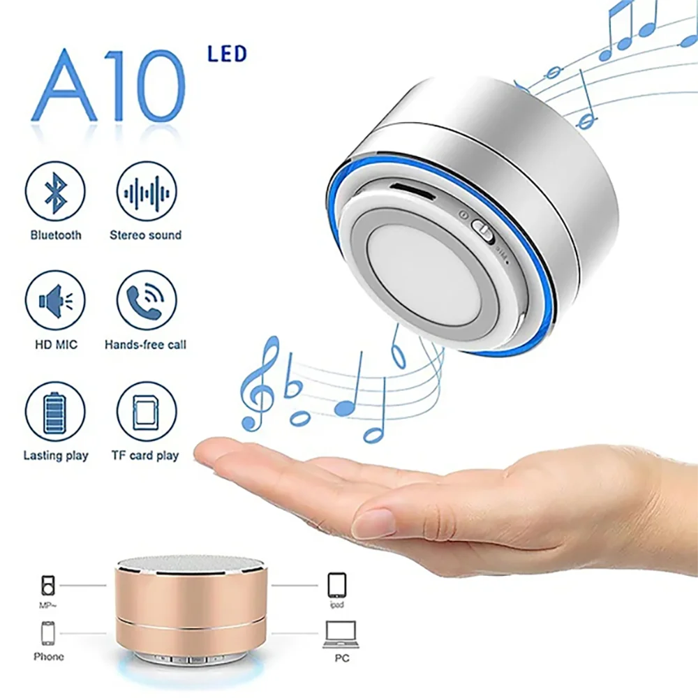 Altavoz inalámbrico de diente azul A10, Subwoofer de pistola de acero pequeña, Mini tarjeta de regalo portátil, disco U, TF, micrófono HD para exteriores, sonido estéreo - Imagen 2