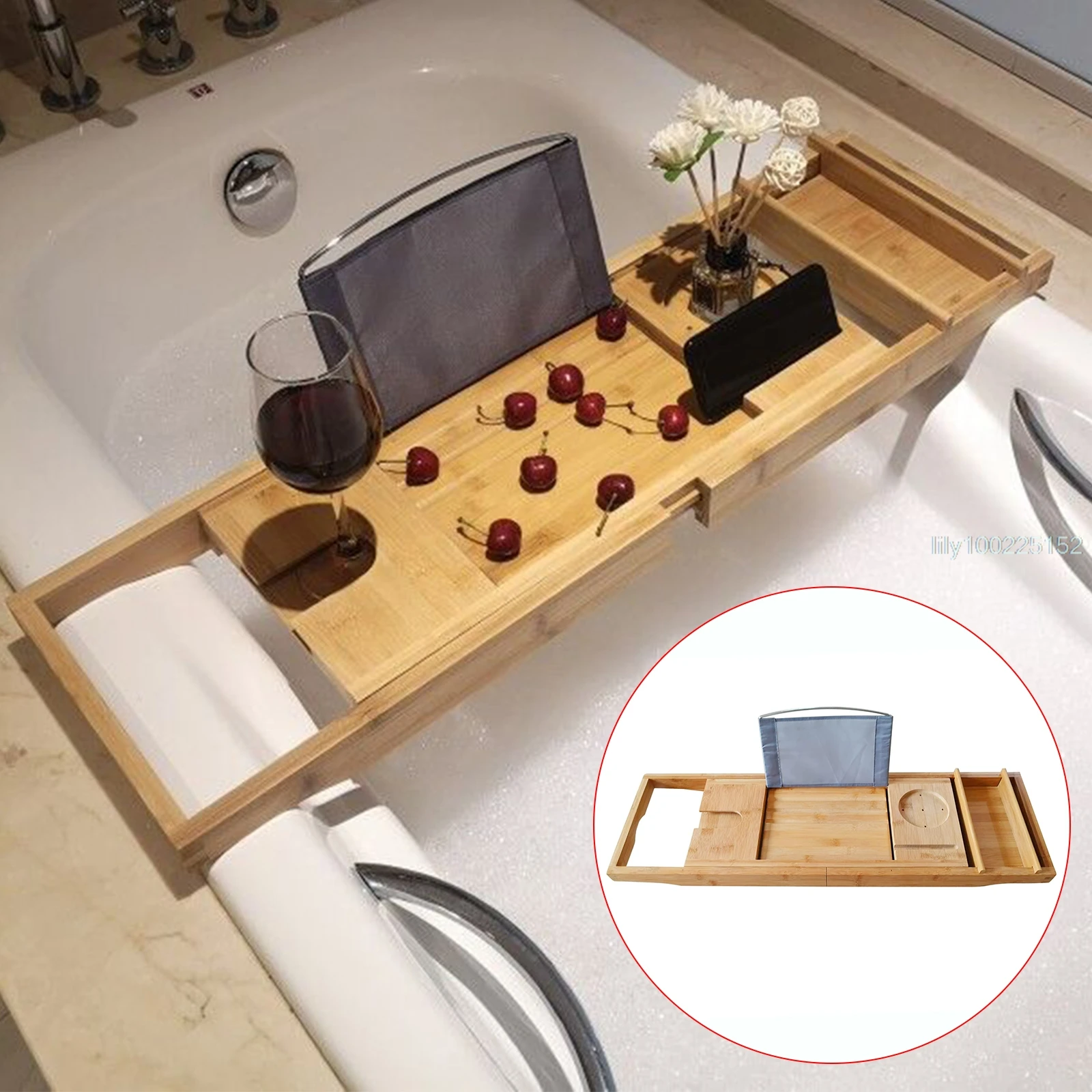 Extendable Table Bathtub Caddy Tray Wooden Bath Caddy Bath Board Shelf Tablet/Phone Red Wine Cup Slot Holder Tray