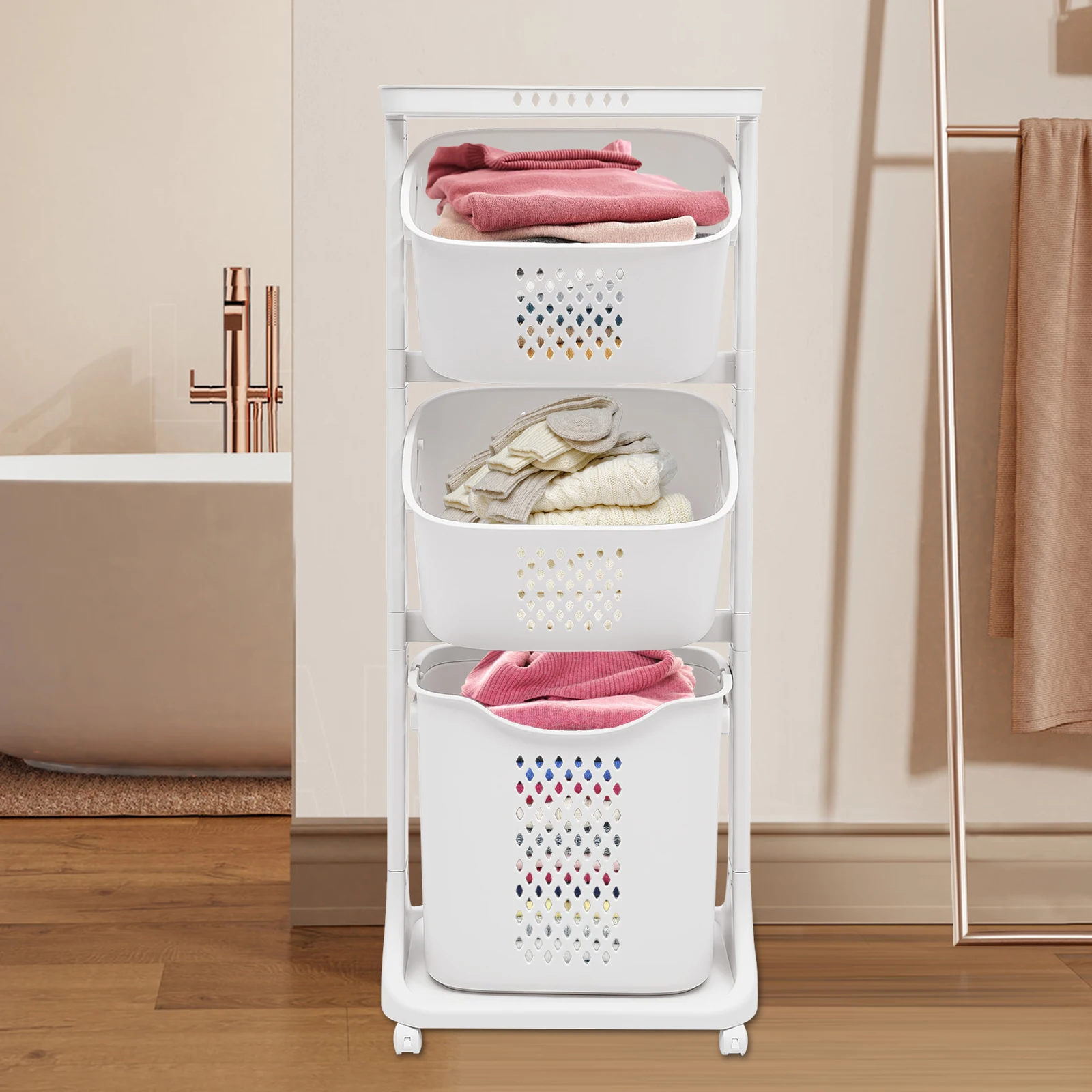 

3 Tier Laundry Cart Trolley Rolling Washing Clothes Hamper Storage Basket Rack Organizer+Shelf Bathroom