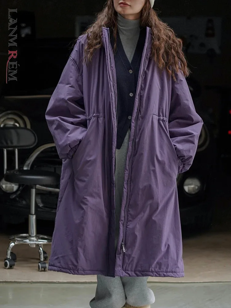 

LANMREM Fashion Warm Long Cotton Coat Women Hooded Drawstring Solid Color Clothing Versatile Female 2023 Winter New 2AA3858