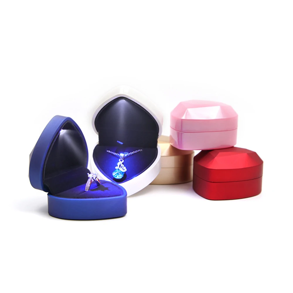 New in LED Light Jewelry Box Ring Earrings Earnail Pendant Organizer Imitation Leather Velvet Decorative Gold Frame Storage Box