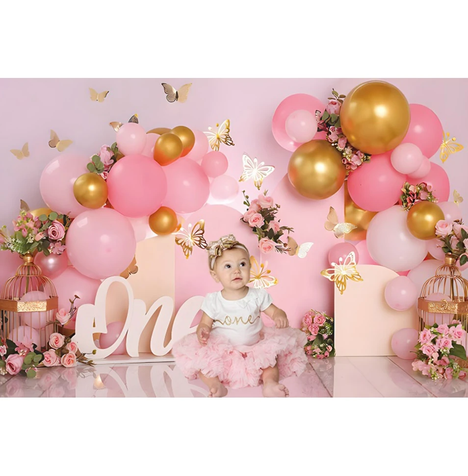  1 생일 배경 핑크 블루 풍선 꽃 소녀 소년 인테리어 룸 케이크 스매쉬 사진 배경 소품