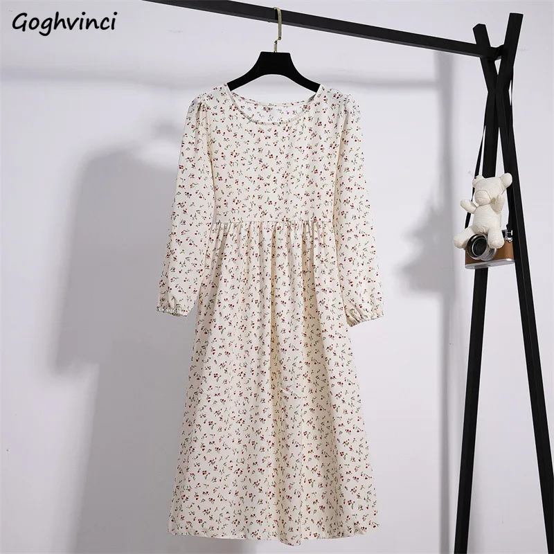 

Midi Dresses Women Loose Fit Floral Chic Sweet Lovely Girls All-match Cozy Trendy Long Sleeve College Lace-up Design Ulzzang