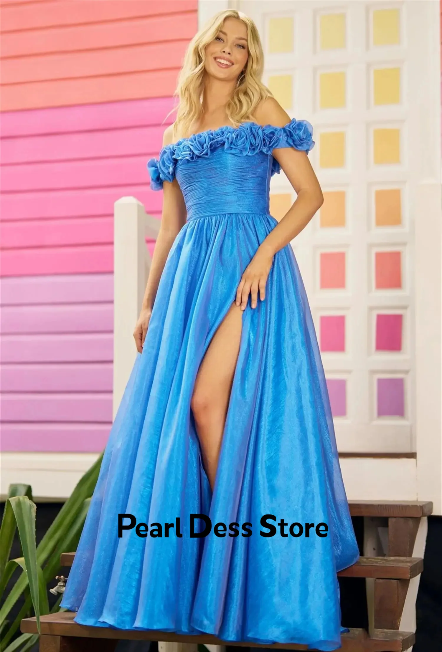 

3D Flower Evening Dress Party Banquet Elegant Luxury Celebrity Bridesmaid Off Shoulder Long Party Dress Suitable for Ball Blue