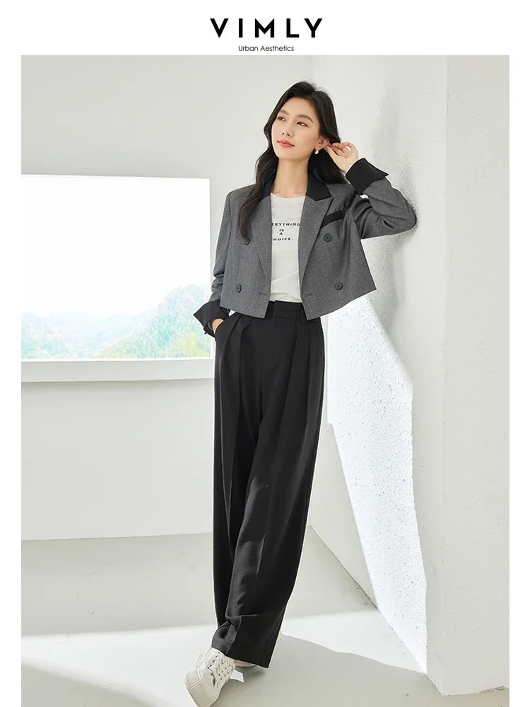 Vimly Contrast Cropped Blazer Autumn Straight Loose Double Breasted Jackets Women 2023 Elegant Office Lady Female Clothing M2992