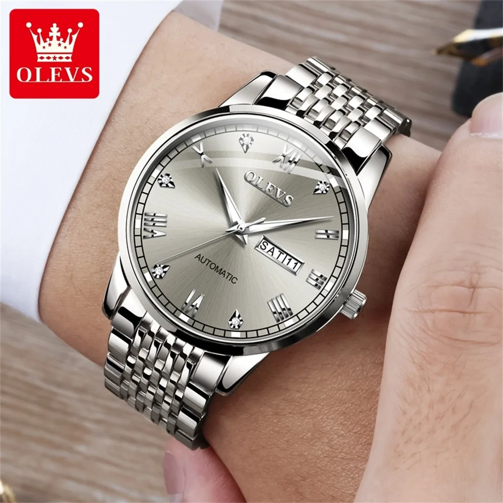 OLEVS 6602 Man Watch Roman Scale Stainless Steel Mechanical Watch For Men Dual Calendar Classic Waterproof Wristwatch