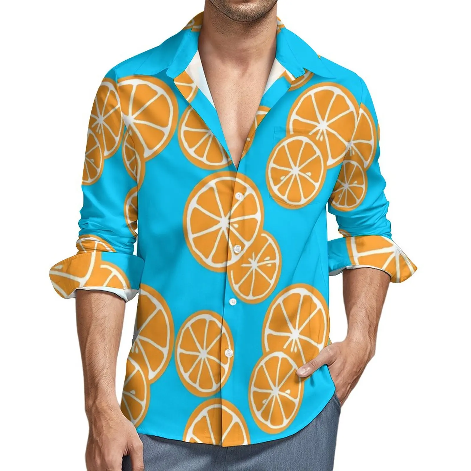 

Oranges Slices Shirt Blue Fruits Casual Shirts Long Sleeve Design Y2K Blouses Autumn Fashion Oversized Clothes