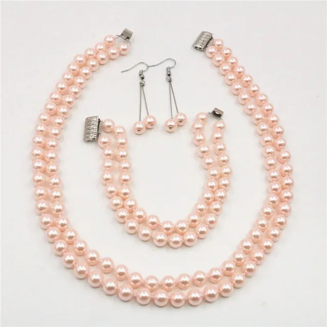 

Pearl Jewelry Sets for Women 8mm 2-row Pink Shell Pearl Necklaces Bracelet Earrings and Girl's Birthday Present Is Christmas