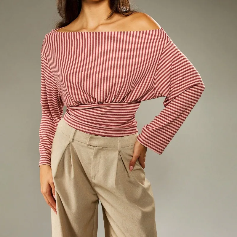 Fashion Spring and Autumn New Women's One-line Neck Off-the-shoulder Long Sleeve Waist Blouse Y2k Elegant Loose Red Striped Top