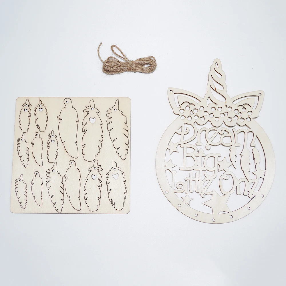 Mini Handmade Wind Chimes Unicorn Wooden Feather Dream Catcher Wall Decoration Can Be Graffiti Home Children's Room Decoration