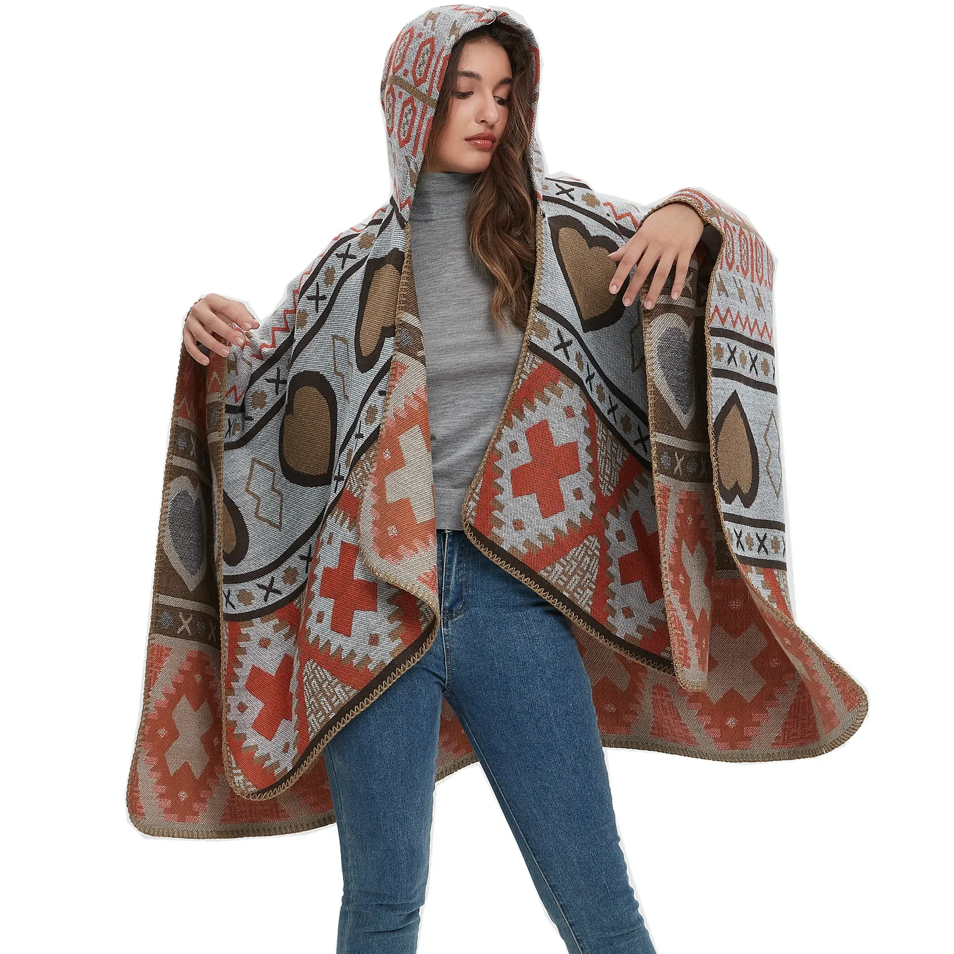 

2024 Luxury Hooded Cloak Women Warm Heart Wraps Scarf Thick Print Shawl Ladies Blanket Foulard Winter Pashmina Shawl Cape Tippet