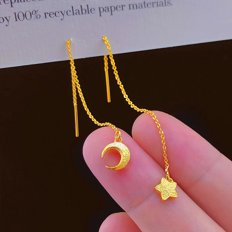 

Pure 18K Gold Star Moon Earline Earrings for Women Wedding 999 Gold Color Trendy Long Tassels Earrings Fine Jewelry Gifts