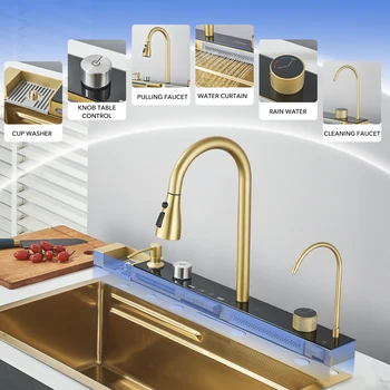 Golden Smart Digital Display Integrated Kitchen Sink Set Temperature Control Waterfall Water Purifier Soap Dispenser Cup Washer 2