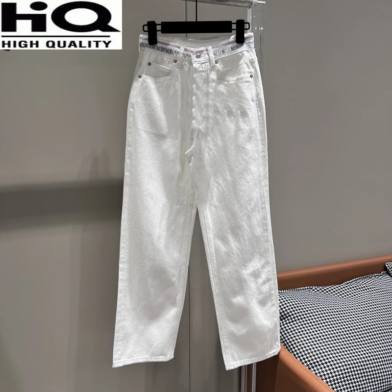 

Women Fashion 100% Cotton Letter Denim White Straight Jeans