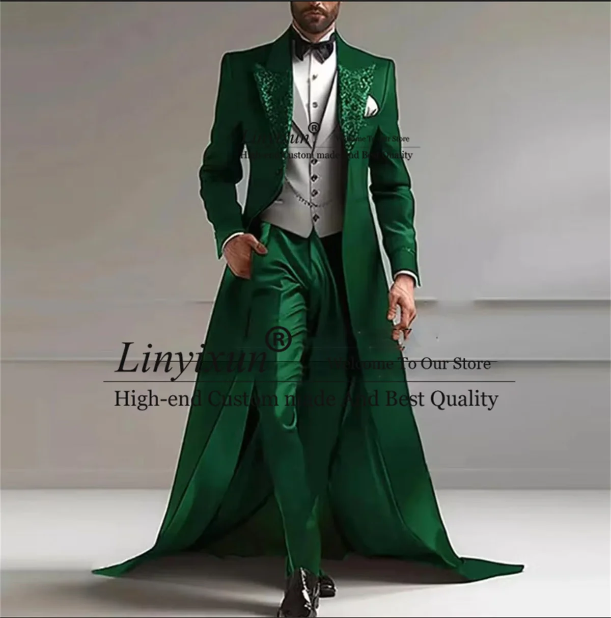 Sparkly Sequins Lapel Men Suits Business Groom Tuxedos 3 Pieces Sets Long Coat Blazer Wedding Costume Homme