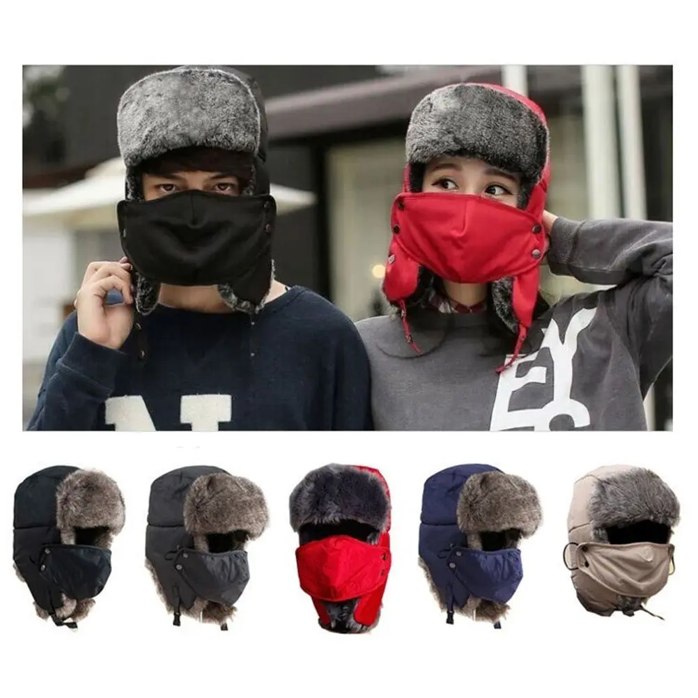 남녀공용 겨울 트래퍼 모자 마스크 포함 스키 스노보드용 추위 방지 두꺼운 따뜻한 귀덮개 후드형 헤드기어