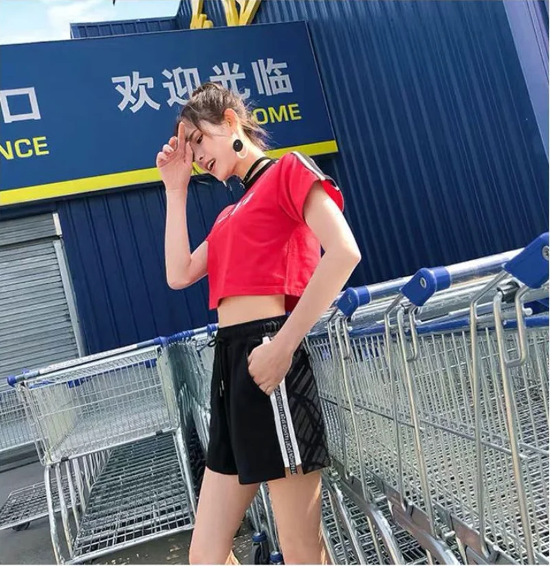 Short Pants for Woman To Wear Fitness Women's Shorts Black Cotton Graphic Sport Running with Belt Gym Sports Streetwear New In