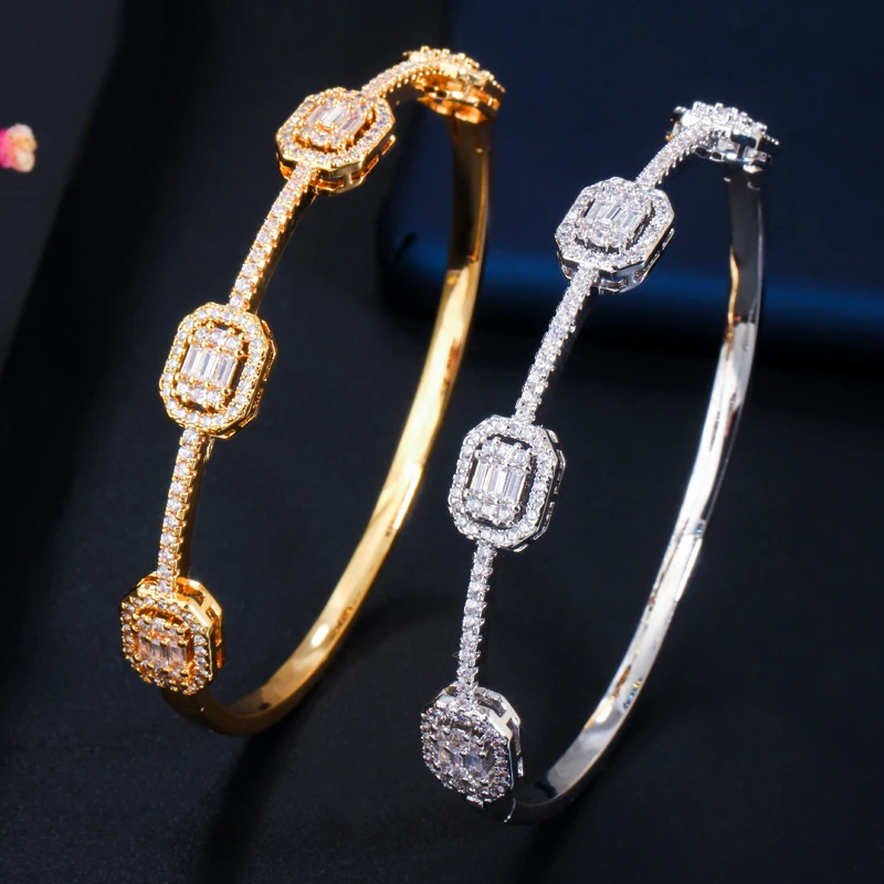 

ThreeGraces Trendy Shiny Cubic Zirconia Gold Color Geometric Open Cuff Bangle for Women Fashion Wedding CZ Party Jewelry B086