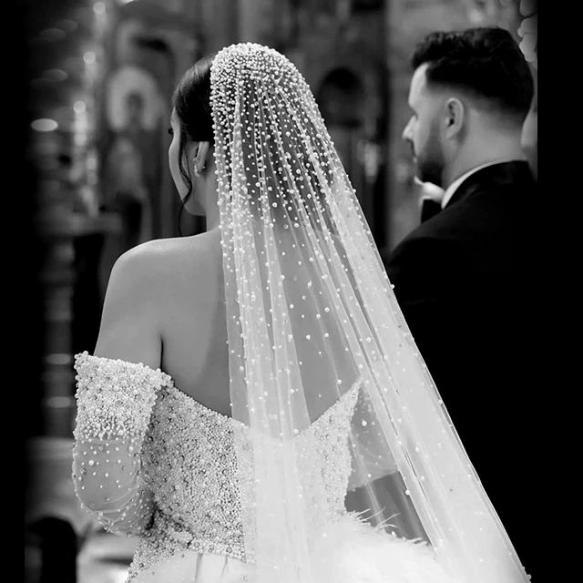 Romantic Cathedral Length 1 Tier Pearl Beaded Star Wedding Veil In