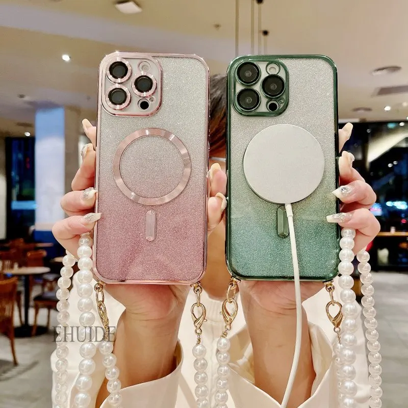 Magnetic Pearl Crossbody Clear Glitter Phone Case with Lanyard Strap