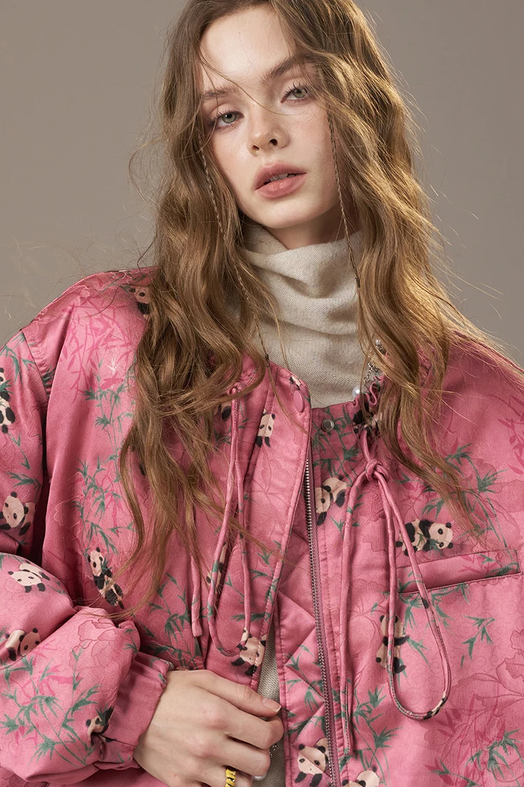 ELFSACK Women's Pink Panda Puffer Jacket with Drawstring, Warm Quilted Winter Coat, Cute Floral Print, Casual Street Style