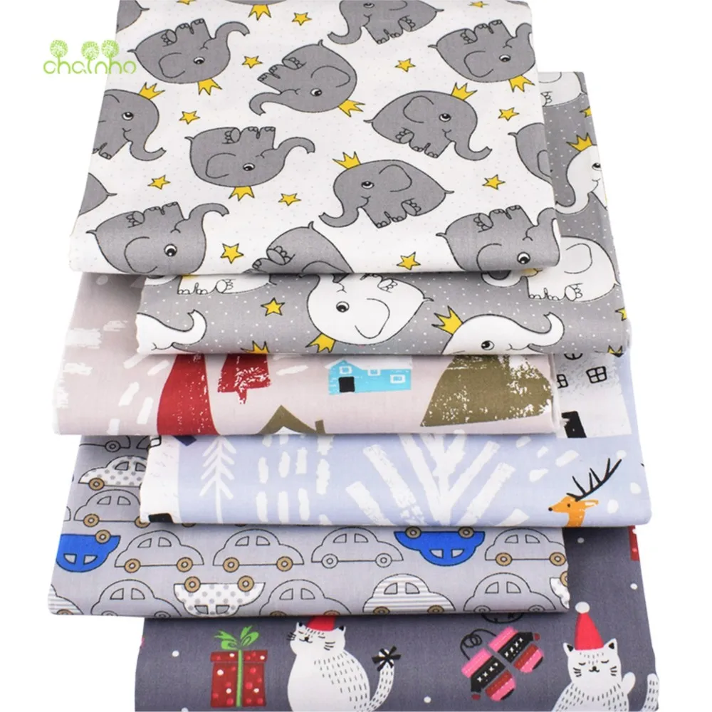 Chainho,Printed Twill Weave Cotton Fabric,Patchwork Cloth,DIY Sewing Quilting Material,Gray Cartoon Series,6 Design,2 Size,15C38