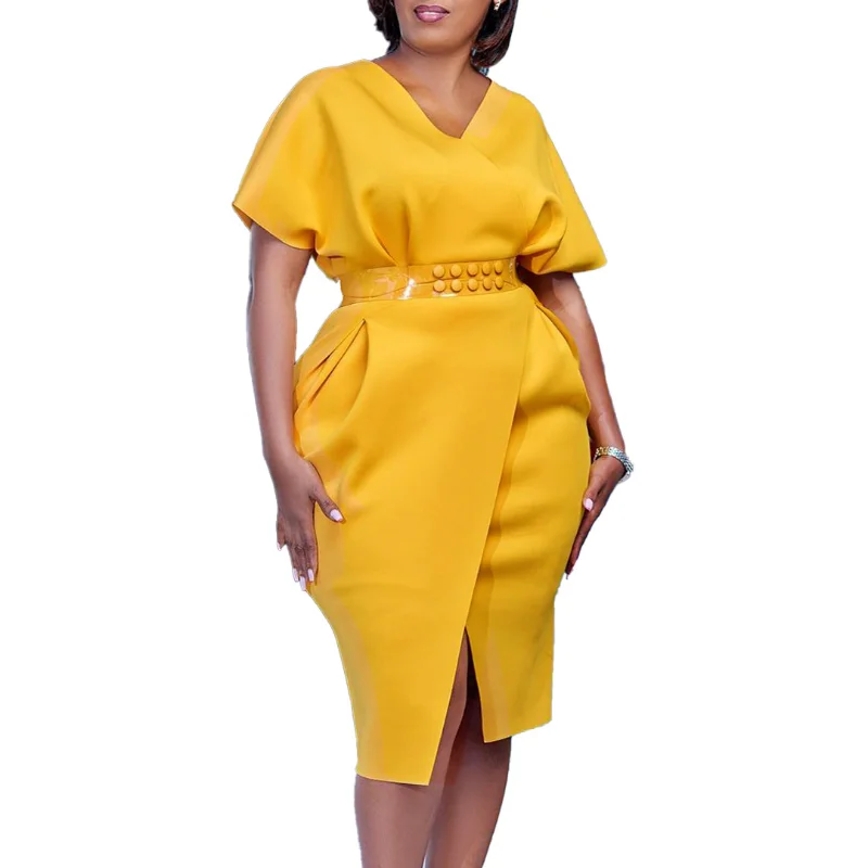 

Women V Neck Bodycon Party Dress High Waist Slim African Female Slit Elastic Summer Event Birthday Elegant Date Night Out Gowns