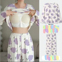 2PCS/Set Women Big Size with Chest Pads Pajamas Spring Autumn and Winter Long-Sleeved Headset Loose Homewear Can Be Worn Outside - Image 3
