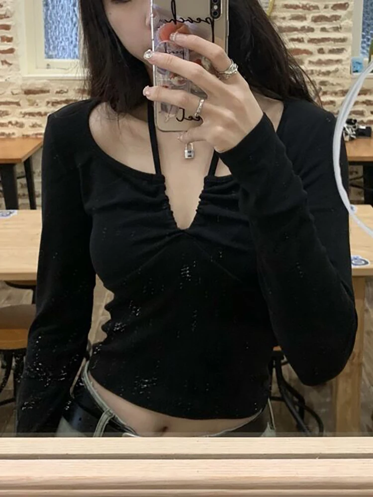 Haruku Lace Up T Shirt Women Long Sleeve Crop Top Female Sexy V Neck Slim Tees Summer Streetwear Ladies Tshirts Korean793_voghion.com