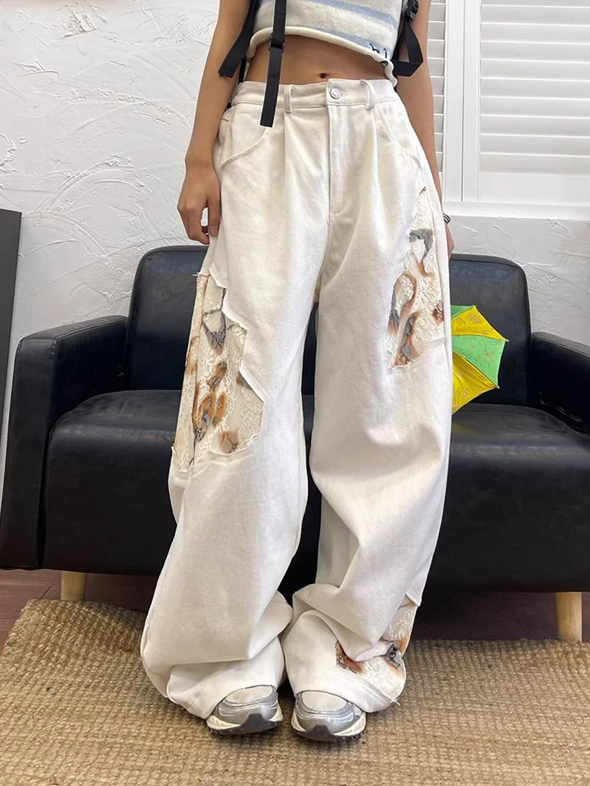 Jeans Lace Splicing White High Waist Women Fashion Vintage Streetwear Y2K Wide Leg Jean 2024 Female Trouser Baggy Denim Pants