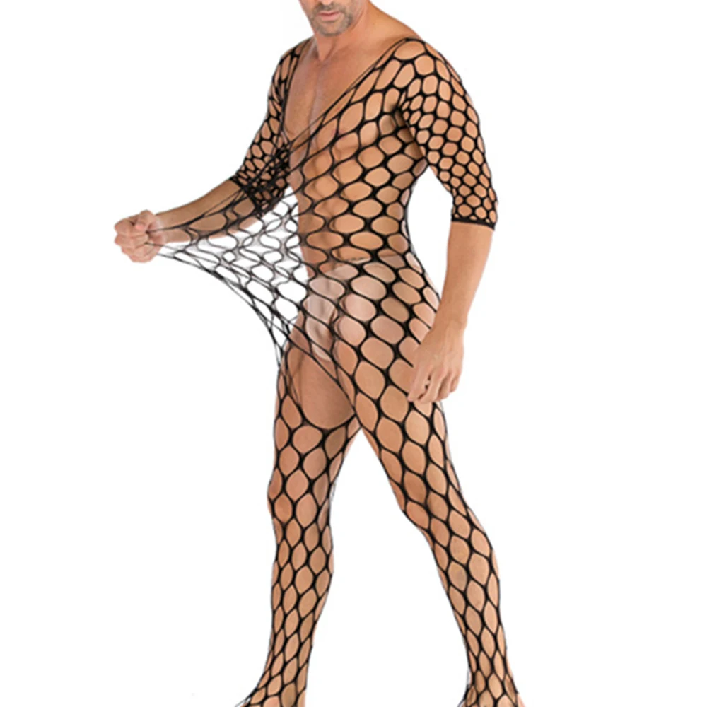 Mans Sexy Erotic Fishnet Bodysuits Catsuit Transparent Open Crotch Clothes See Through Body Stockings Mesh Body Suits Lingerie