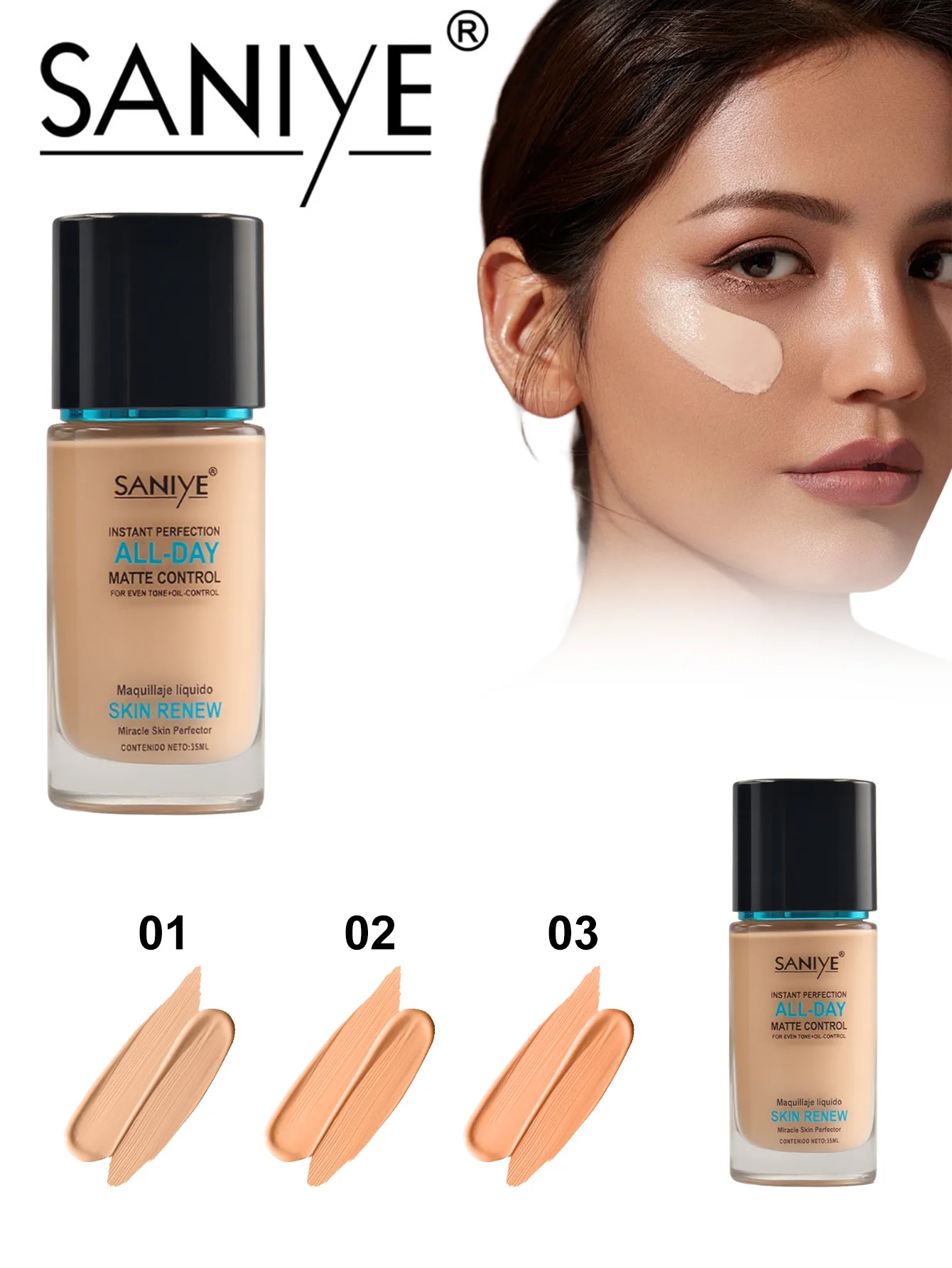 SANIYE professional make-up foundation liquid cubre perfectamente todos los tonos de piel claros y oscuros. Efecto cosmético de larga duración sin arrugas ni oxidación durante 24 horas. Apto para todo tipo de pieles