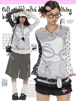 HOUZHOU Y2k Vintage Anime Juminocore Women T-Shirts Polka Dot Long Sleeve Japanese Harajuku Fashion Slim Tees Subculture Gyaru 1