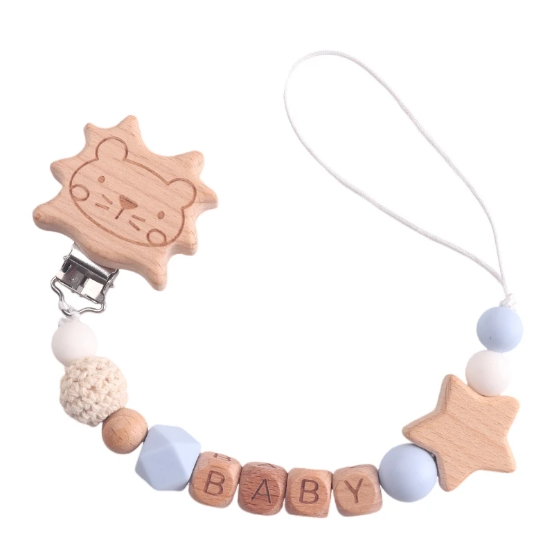 Wooden Baby Pacifier Clip, Cute Lion & Star Design, Anti - Drop Soother Holder, Natural Wood & Silicone Beads, Infant Essentials