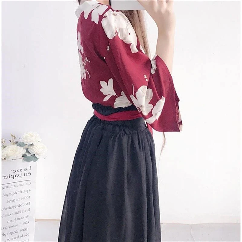 Japanese Kimono Retro Japanese Style Vintage Hanfu Haori Kawaii Girls Women Foral Kimono Dress for Party Yukata Asian Clothes Skirts
