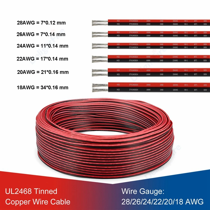 Ul2468 2 Pin Electrical Wires 28/26/24/22/20/18 Awg Red Black Flat