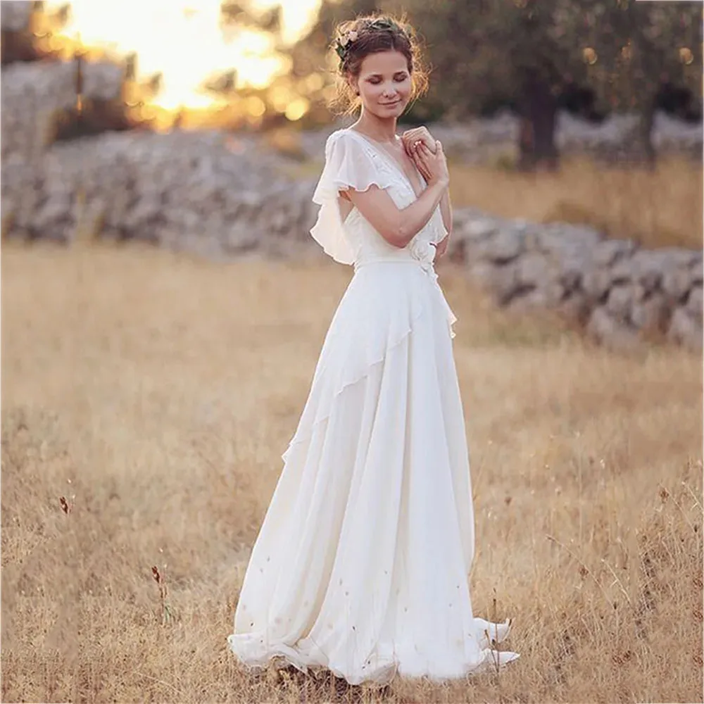 Customized Boho V-Neck Wedding Dresses Chiffon A Line Short Sleeves Backless Floor Length Ruffles Beach Bridal Gowns Bohemian 2