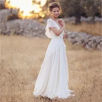 Customized Boho V-Neck Wedding Dresses Chiffon A Line Short Sleeves Backless Floor Length Ruffles Beach Bridal Gowns Bohemian 2