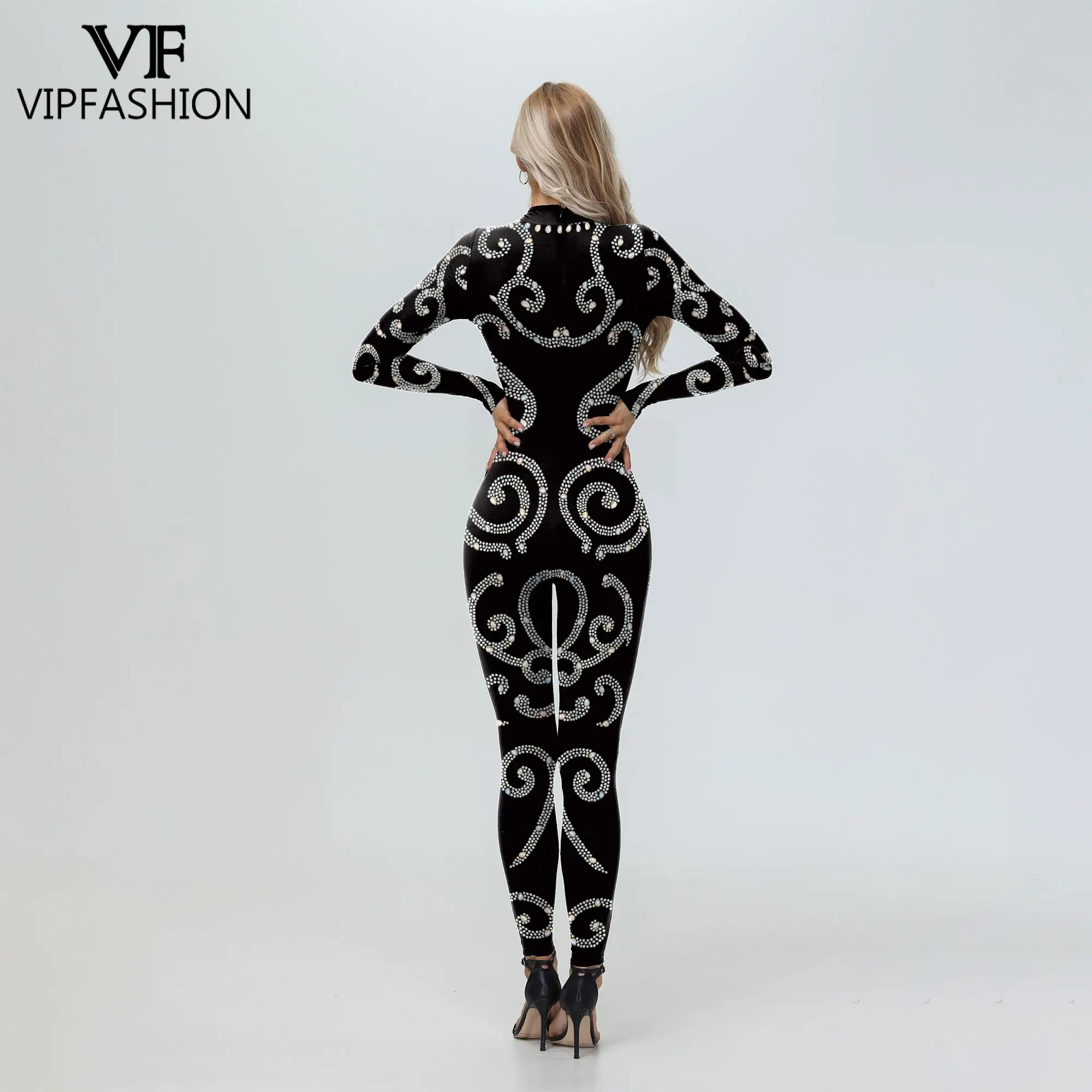 VIP FASHION Skin Color Rhinestone Print Jumpsuit for Women Elegant Zentai Bodysuits Lady Festival Catsuit Cosplay Party Costume cosplay costume adult unitard