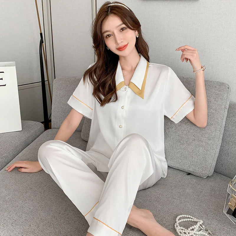 

Summer Pajamas Women's Ice Silk Short-sleeved Pants Two-piece Suit Pajamas Thin Casual Home Clothes Summer 2023 New