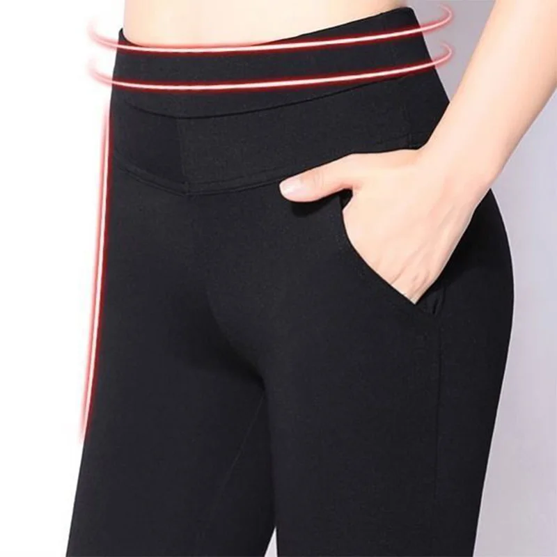 Spring Autumn Office Lady Solid Color Trousers Casual Elastic High Waist Splicing Pockets Slim Micro Horn Long Pants Womens