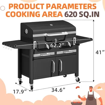 36 In Extra Large Charcoal Grill - 620 Sq.In Oversized BBQ Area with Thermometer & Individual Lifting Charcoal Trays, Storage C 2